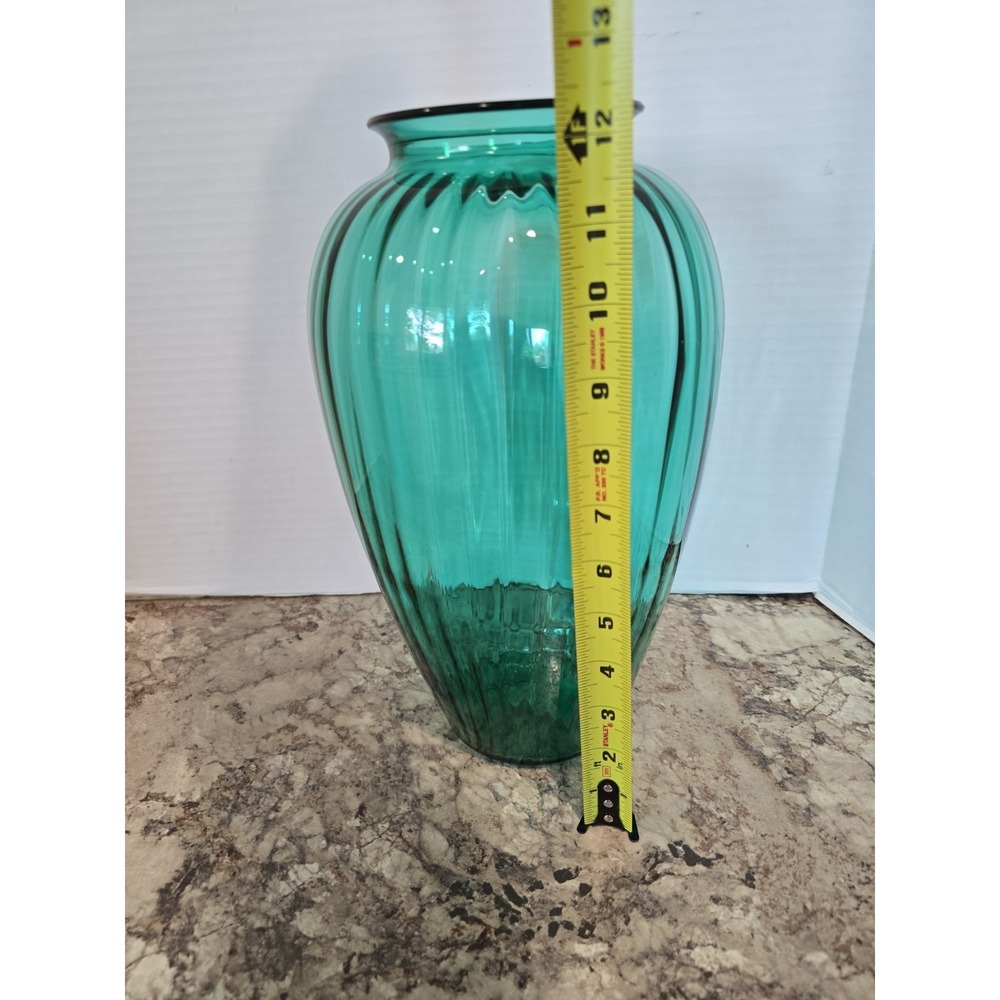 Vintage‎ Anchor Hocking Teal Blue Green Ribbed Art Deco Glass Vase 13 Tall